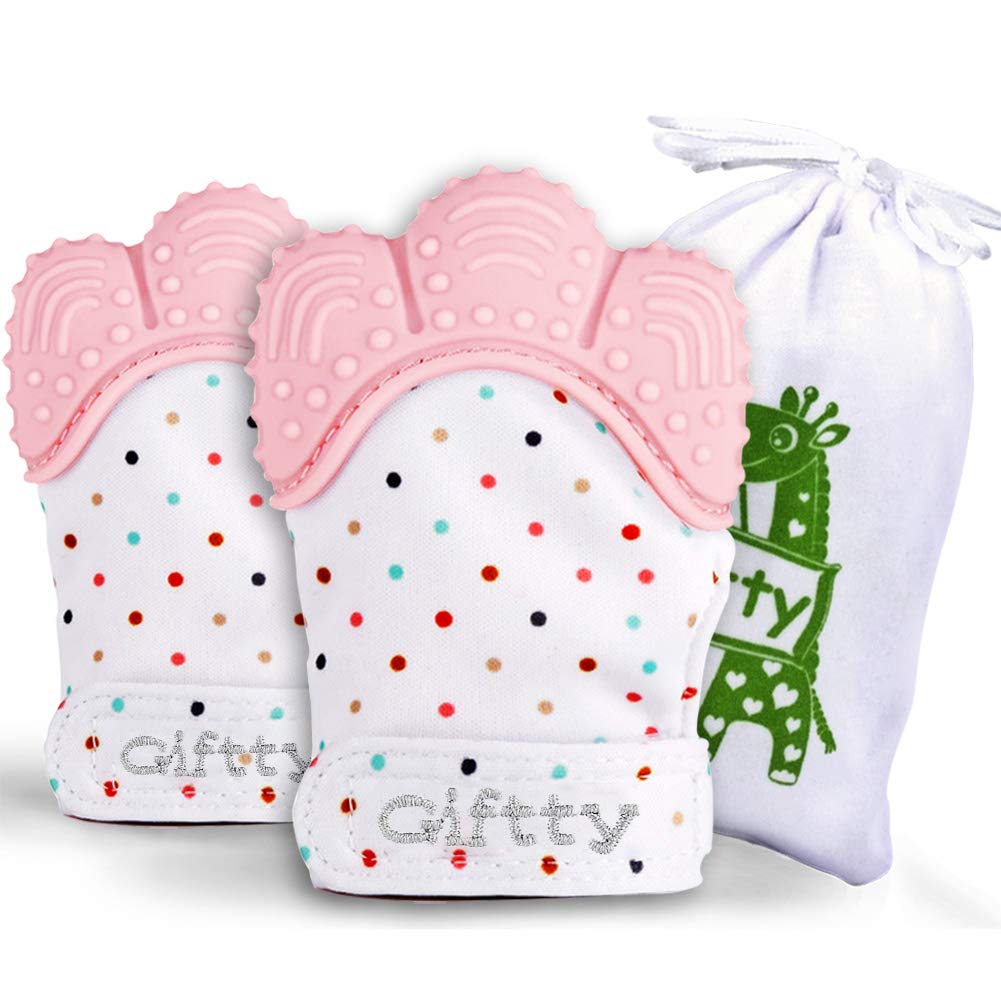 Baby Teething Mitten, Self-Soothing Teether Glove, Pain Relief Silicone Mitt, Double Breathable, Stay on Baby'S Hand, Unisex for Babies 3-12 Months(2 Pink Mittens)